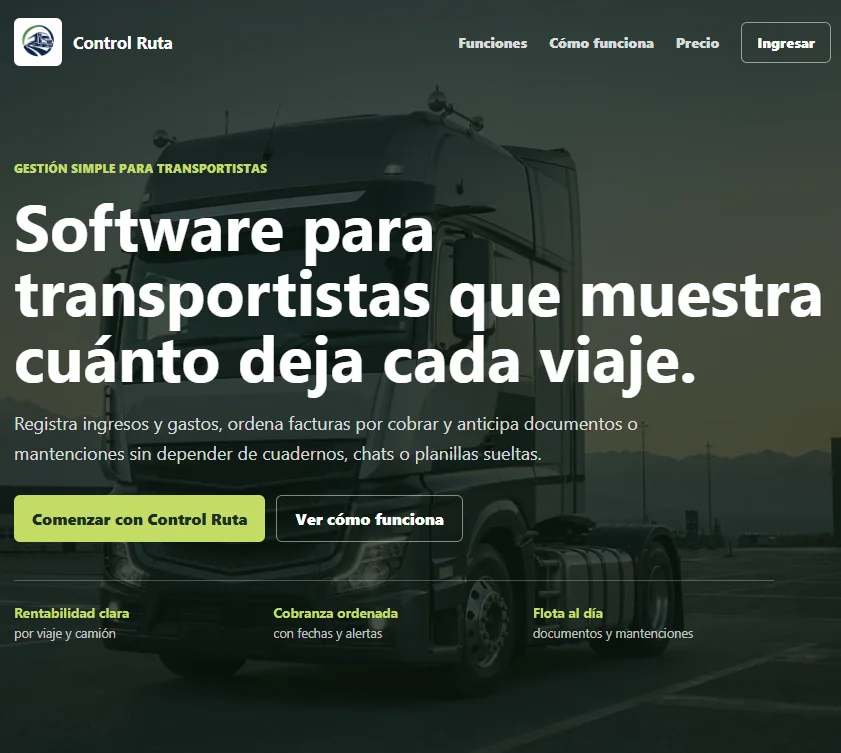 Página pública real de Control Ruta para transportistas
